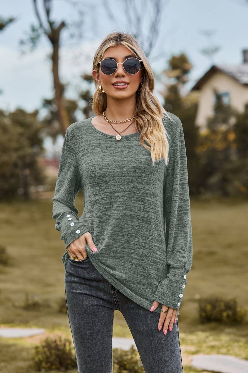 CWTBLL3688_SOLID COLOR ROUND NECK LOOSE CASUAL LONG SLEEVE T