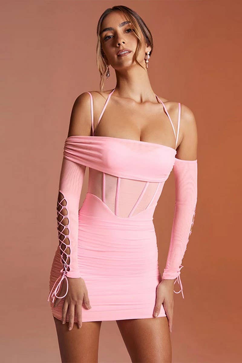CWDSD10655_SHEER MESH OFF SHOULDER BODYCON DRESS