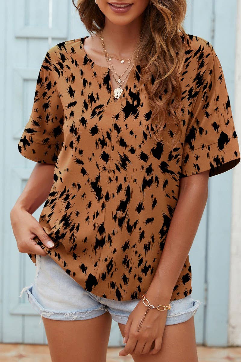 CWTBLS0346_V-Neck Short Sleeve Print Top