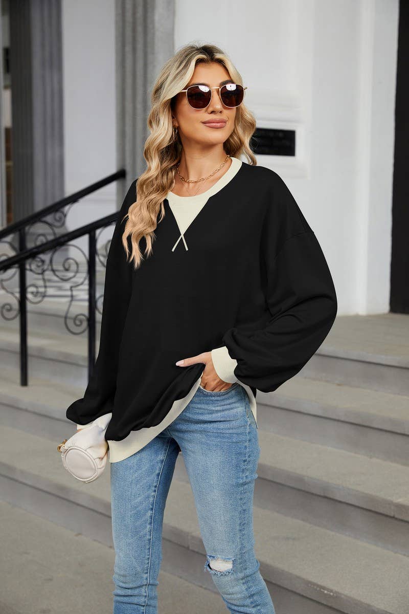 CWTBLL3743_AUTUMN AND WINTER CONTRAST COLOR LOOSE SWEATSHIRT