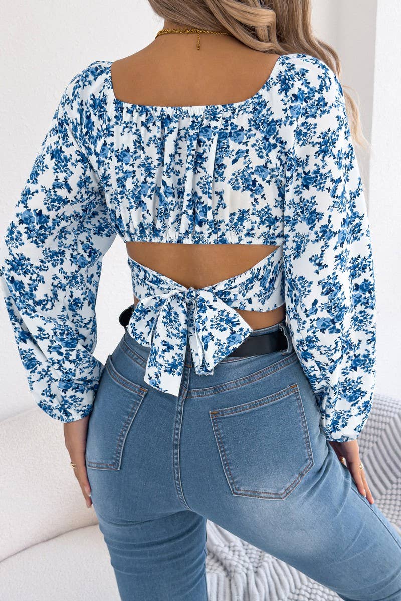 CWTBLL3974_FLORAL CHIFFON LANTERN SLEEVE TIE WAIST CROP TOP