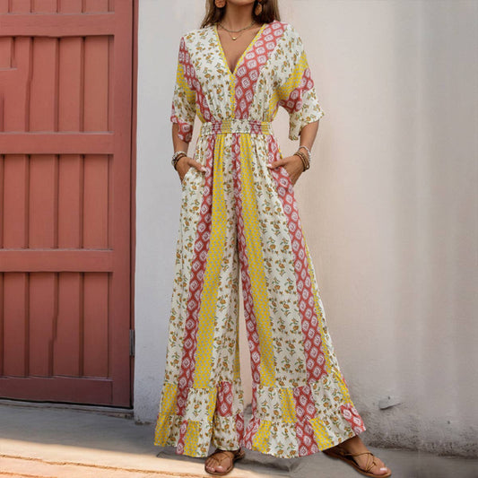 Boho Floral Print Vintage High Waist Jumpsuit