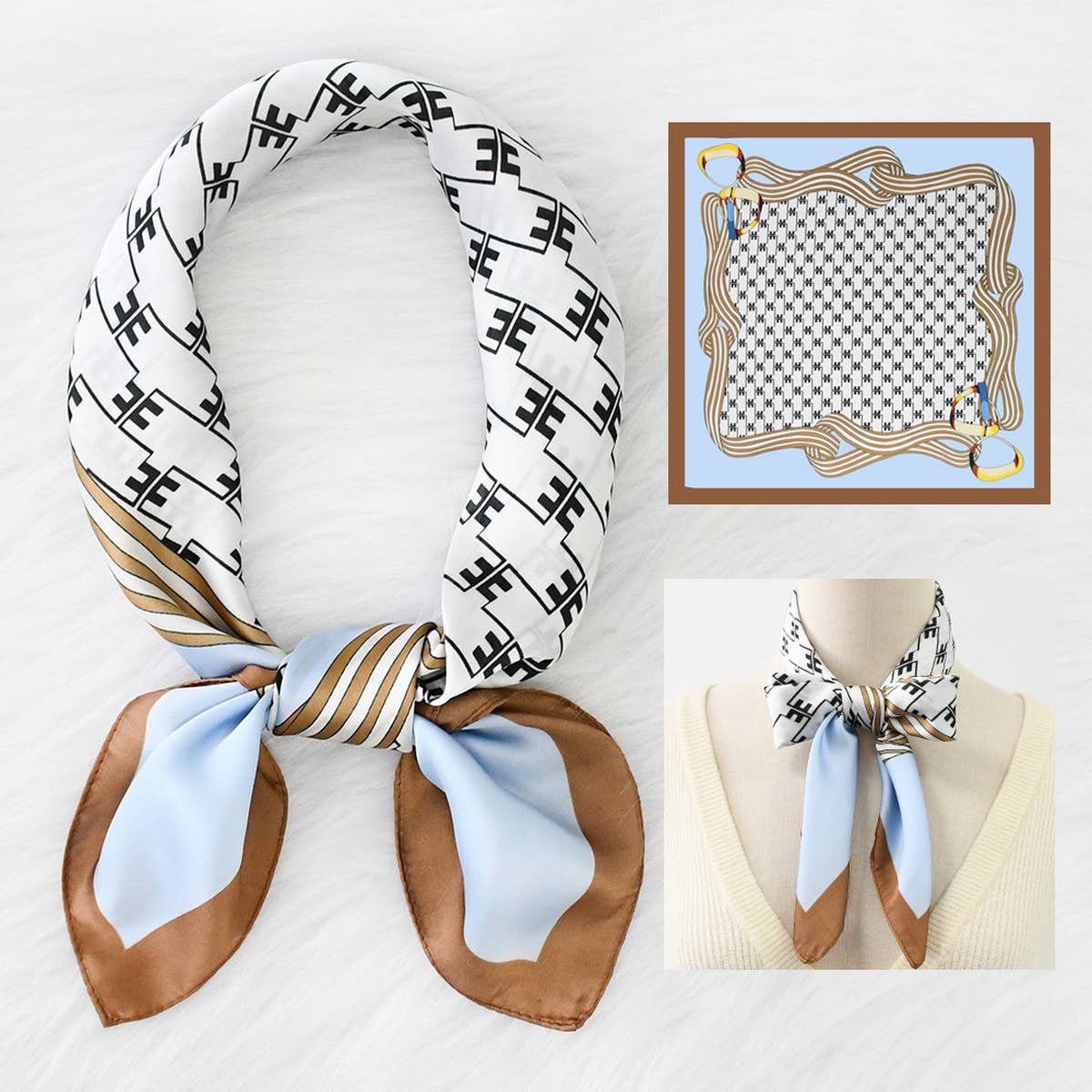 Chain Print Satin Square Scarf for Summer Sun_CWASC1158