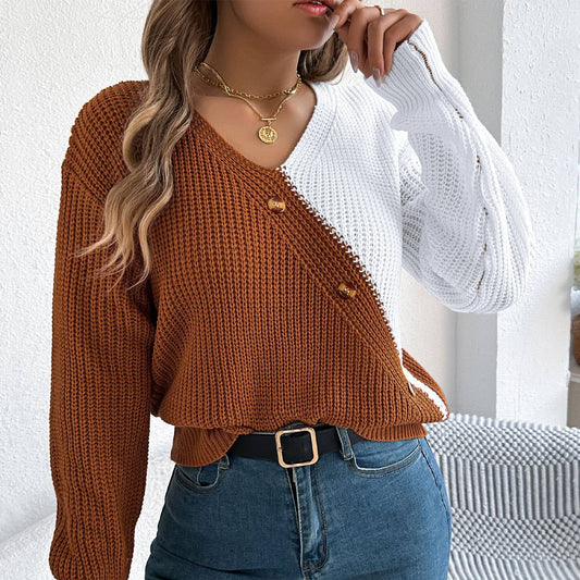 CASUAL V-NECK BUTTON-UP LANTERN SLEEVE SWEATER
