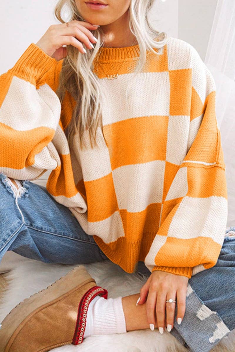 CWOSWL6673_PLAID COLOR CONTRAST LONG-SLEEVED SWEATER