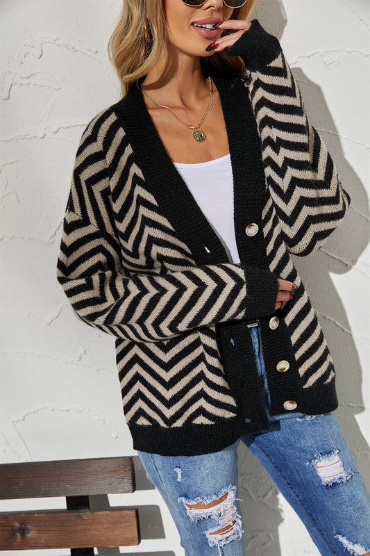 Deep V-neck striped personality button cardigan