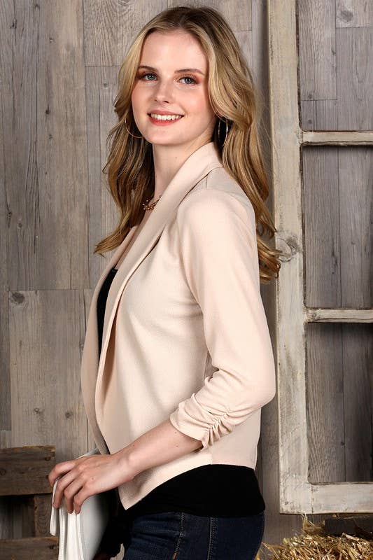 CWOBL108_SHAWL COLLAR SHORT BLAZER WITH SHIRRING SLEEVE