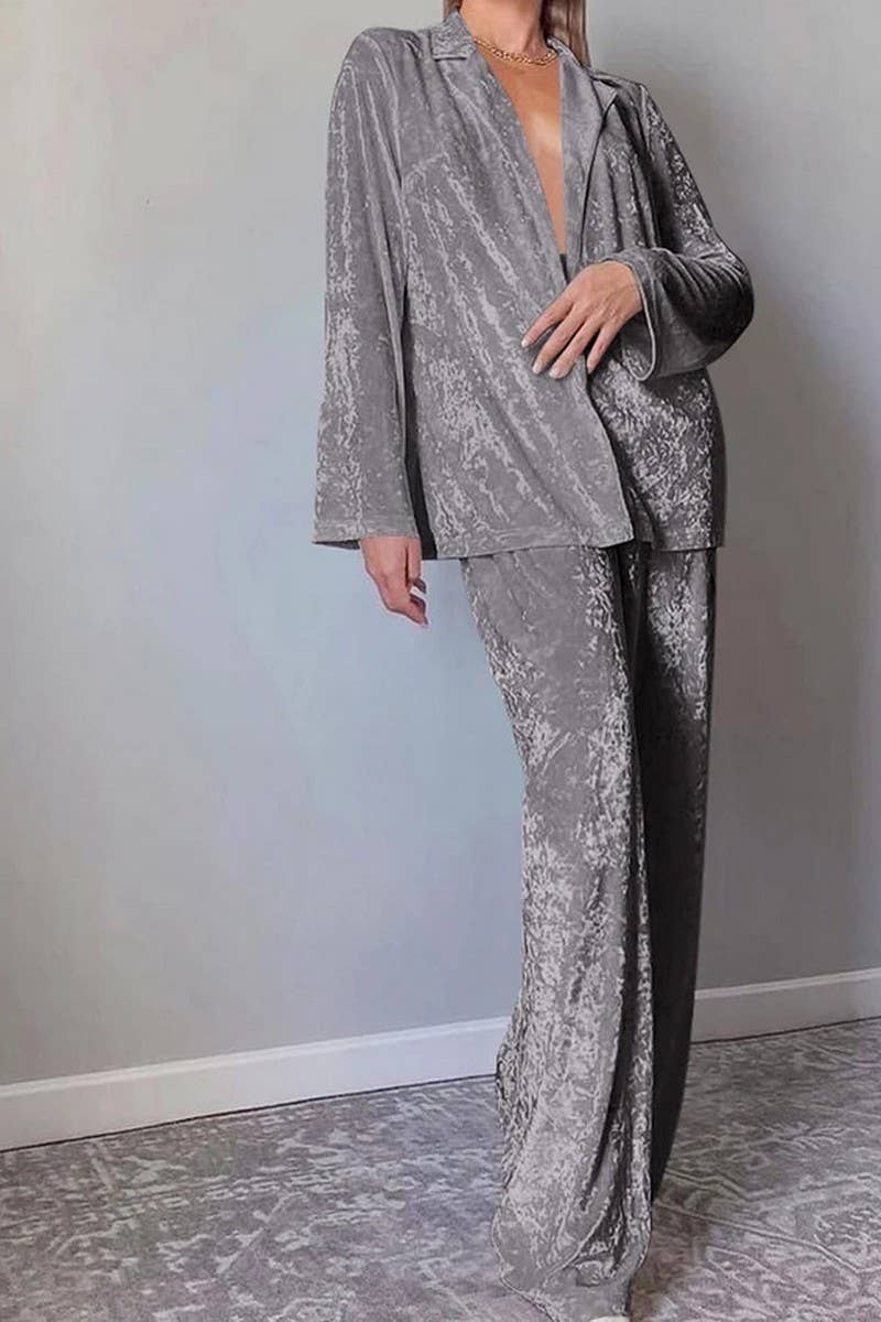 CWSPJ0086_SOLID COLOR LONG SLEEVED SHIRT PANTS PPAJAMAS SET