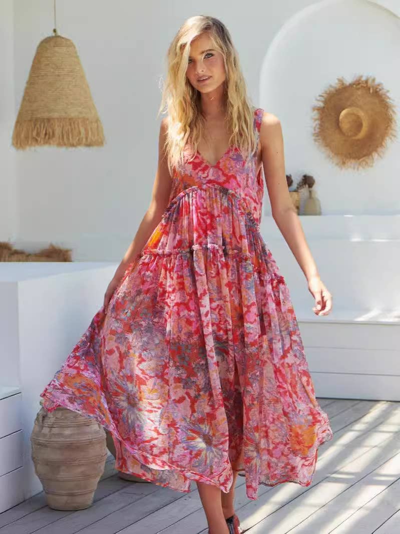 CASUAL LOOSE HOLIDAY CHIFFON PRINT HALTER DRESS