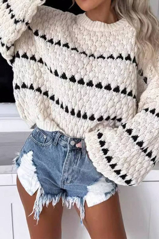 Coarse pin loose twist striped crew neck pullover
