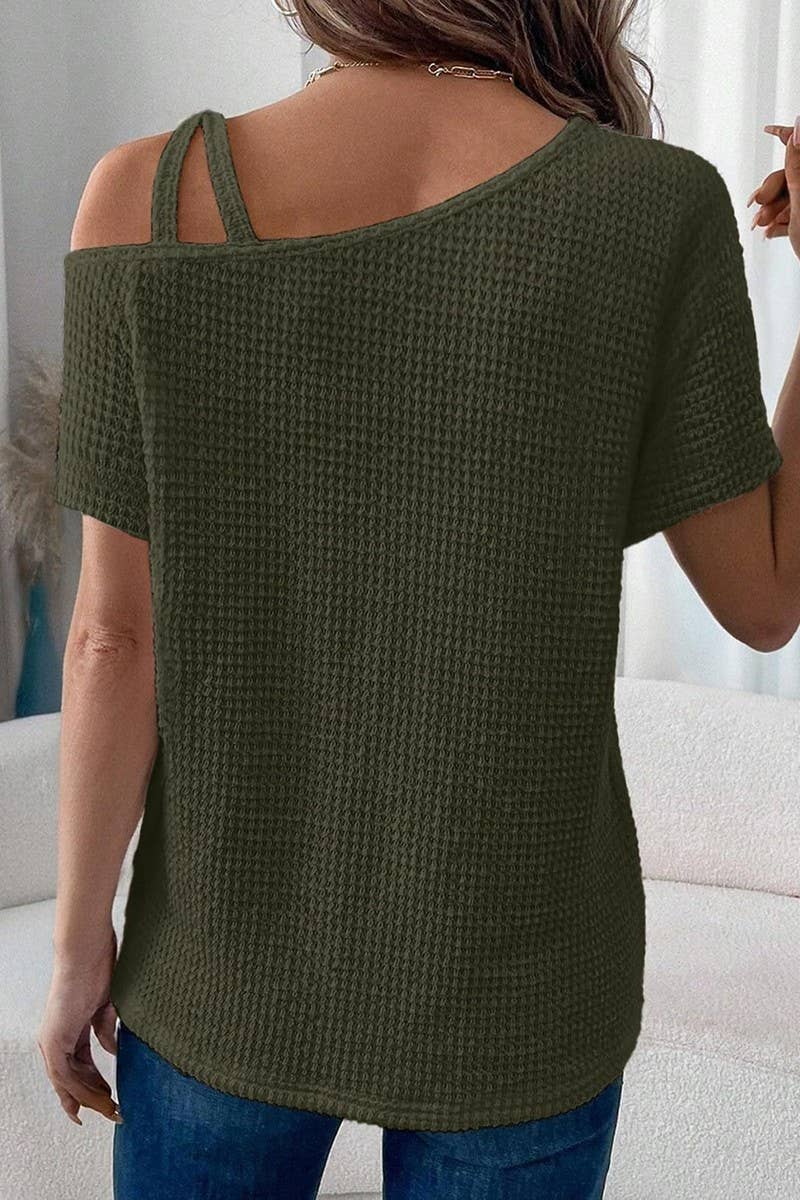 CWTBLS1617_SOLID COLOR OFF-SHOULDER SHORT-SLEEVED KNIT TOP