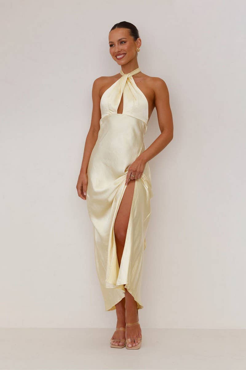 CWDHL0941_ELEGANT SATIN HALTER NECK SLIT MAXI DRESS