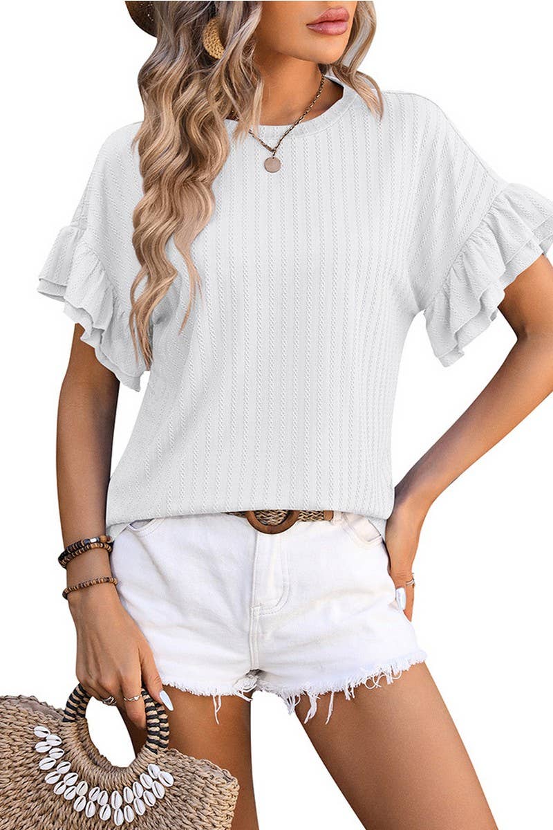 CWTBLS0906_ROUND NECK SHORT SLEEVE SHIRT WITH LOTUS SLEEVES