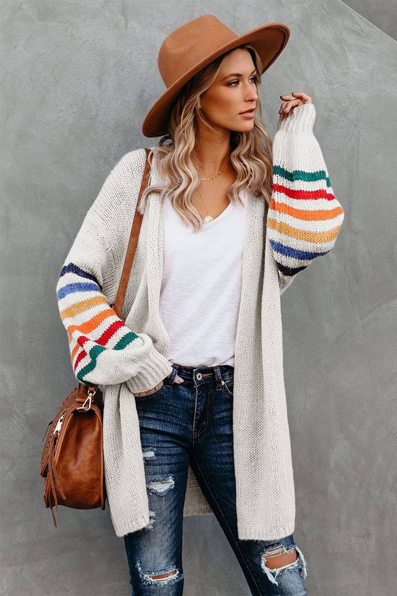 CWOCAL0924_STRIPED MID-LENGTH KNITTED CARDIGAN SWEATER