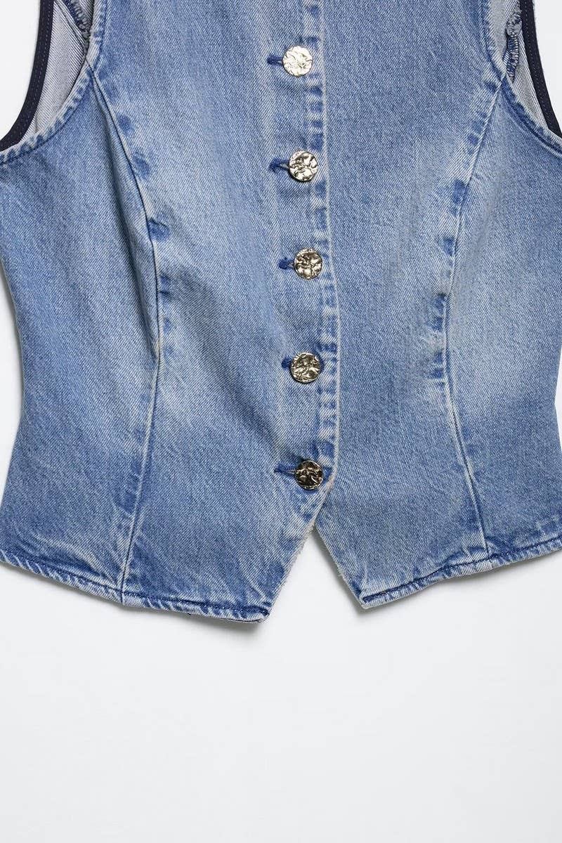 CWSBSSL0145_FASHION DENIM VEST + STRAIGHT PANTS SET