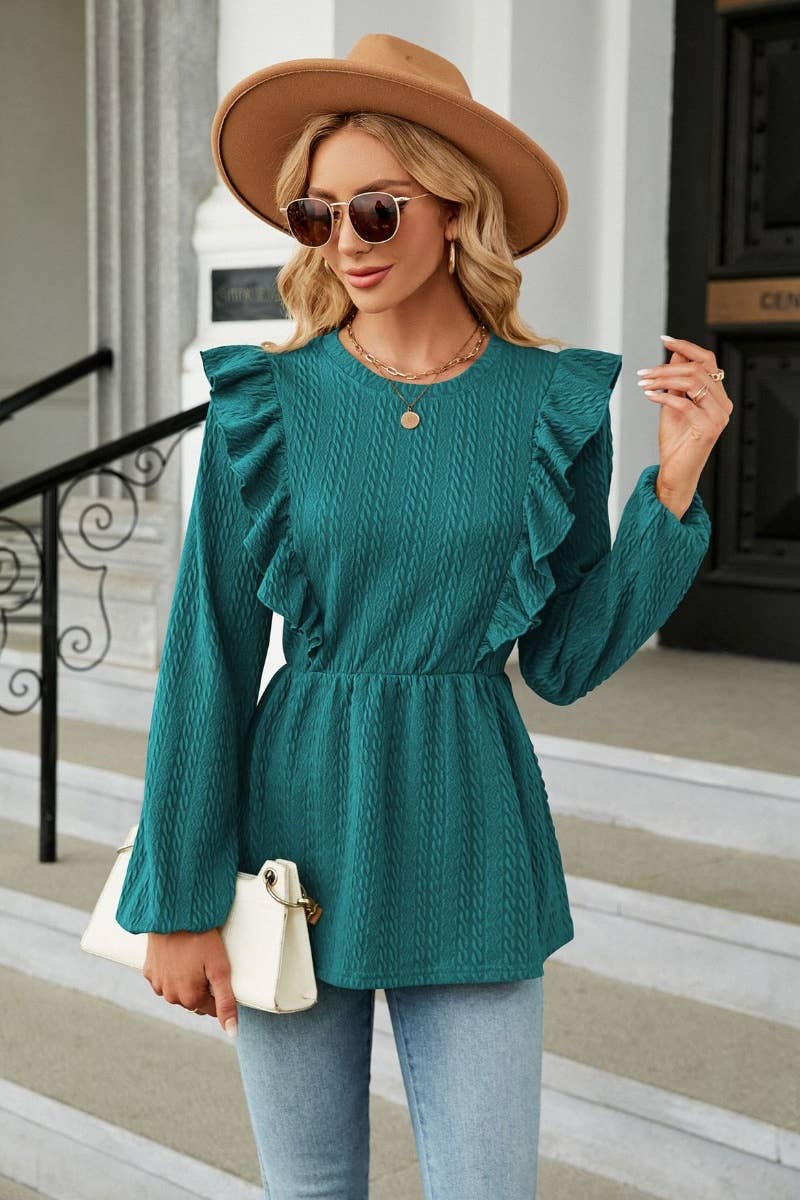CWTBLL2827_AUTUMN LONG SLEEVE SOLID COLOR PLEATED TOP
