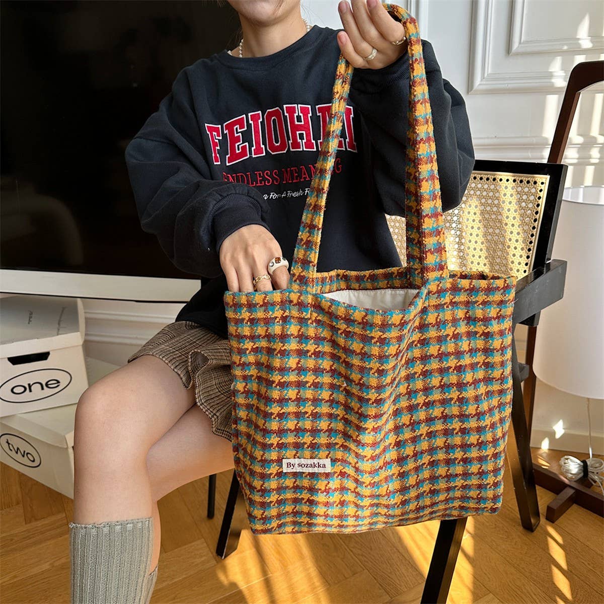 CWAB3902_HOUNDSTOOTH LARGE CAPACITY SHOULDER BAG