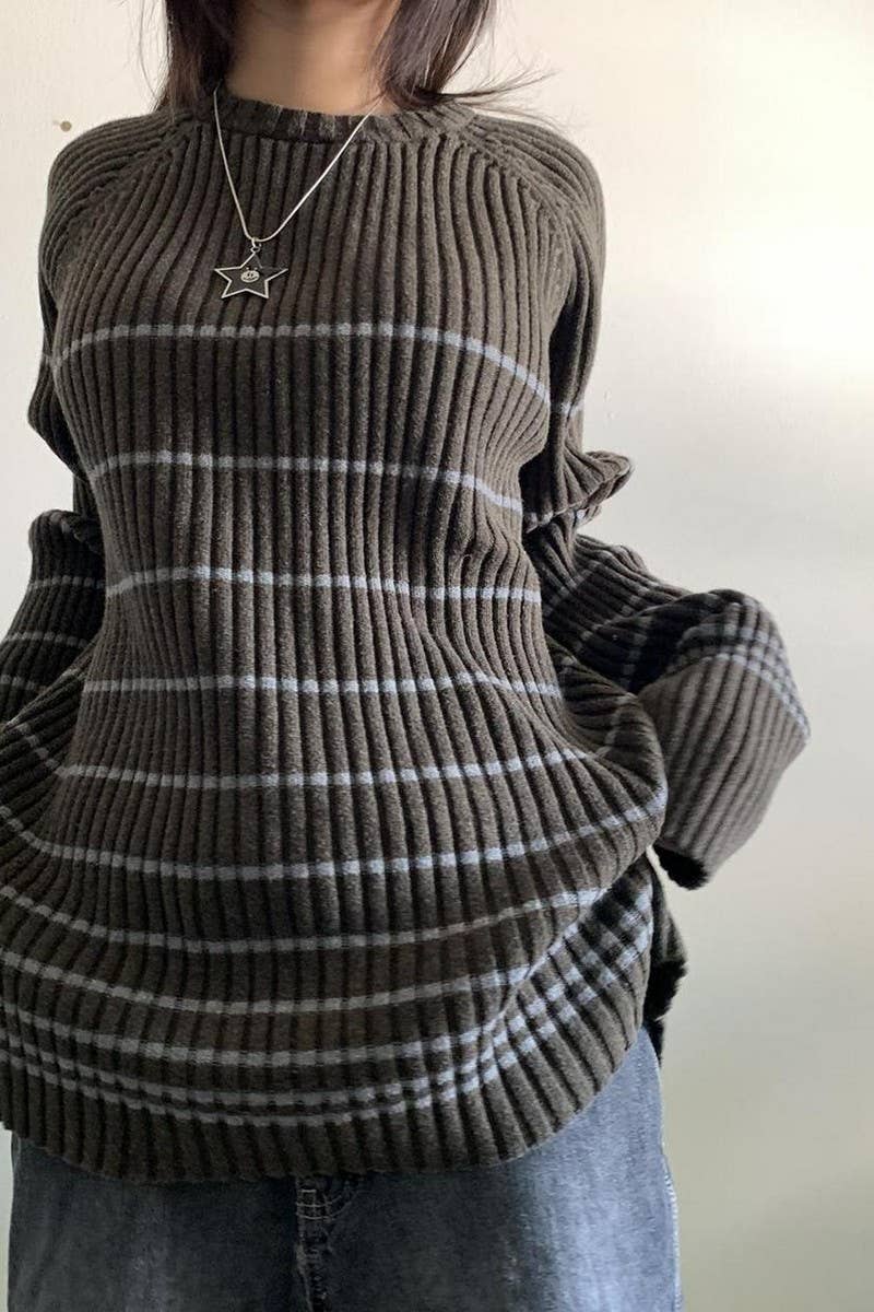 CWOSWL5745_STRIPED LONG-SLEEVED LOOSE CASUAL KNITTED SWEATER