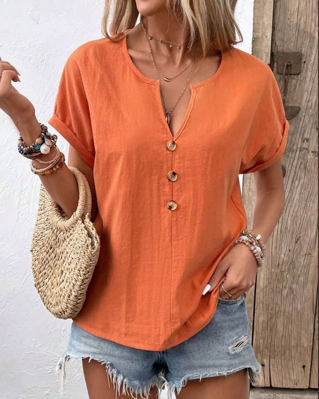 Button V-neck solid-color short-sleeved T-shirt