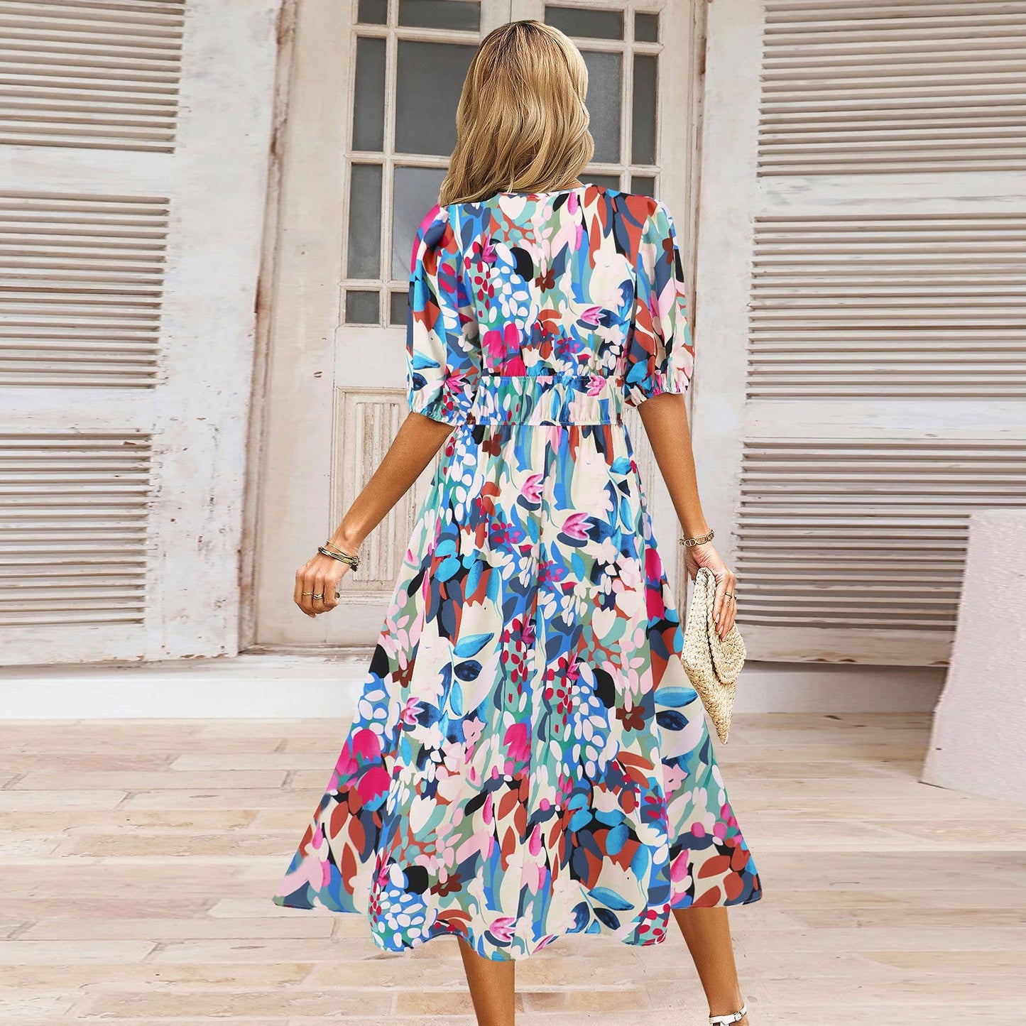 Boho V-Neck Floral Maxi Dress with Waist Tie