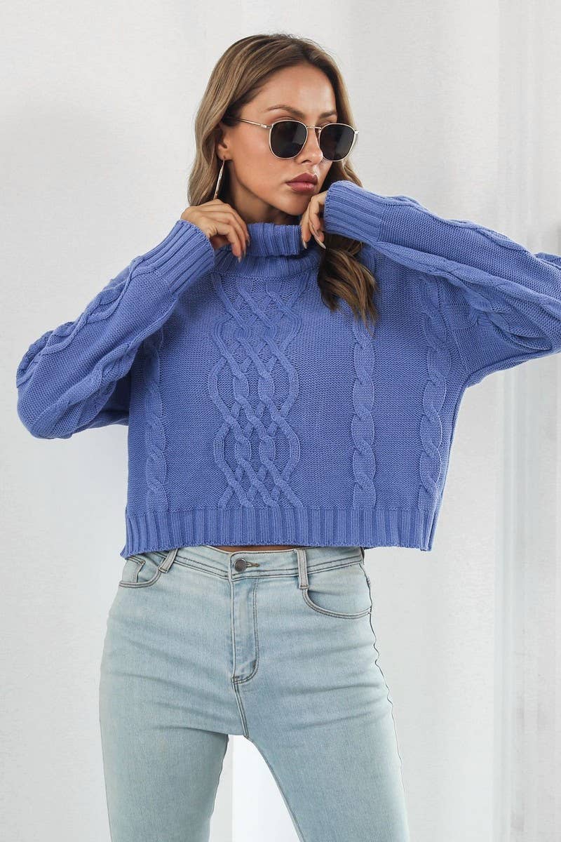 CWOSWL3875_HIGH COLLAR LONGSLEEVE TWISTED ROPE SHORT SWEATER