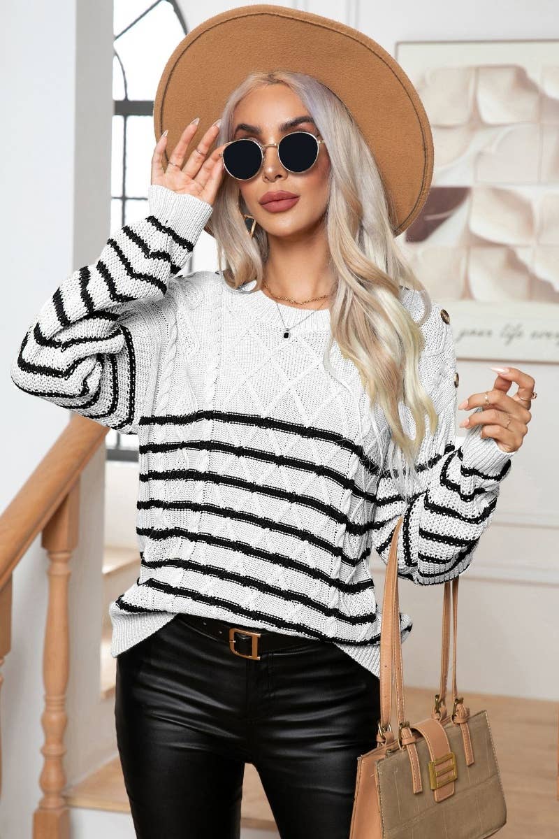 CWOSWL6370_VINTAGE BUTTON-UP LONG-SLEEVED STRIPED SWEATER