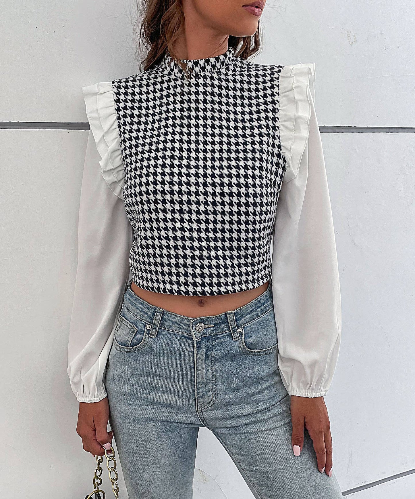 Checkered long-sleeved ruffled patchwork shirt