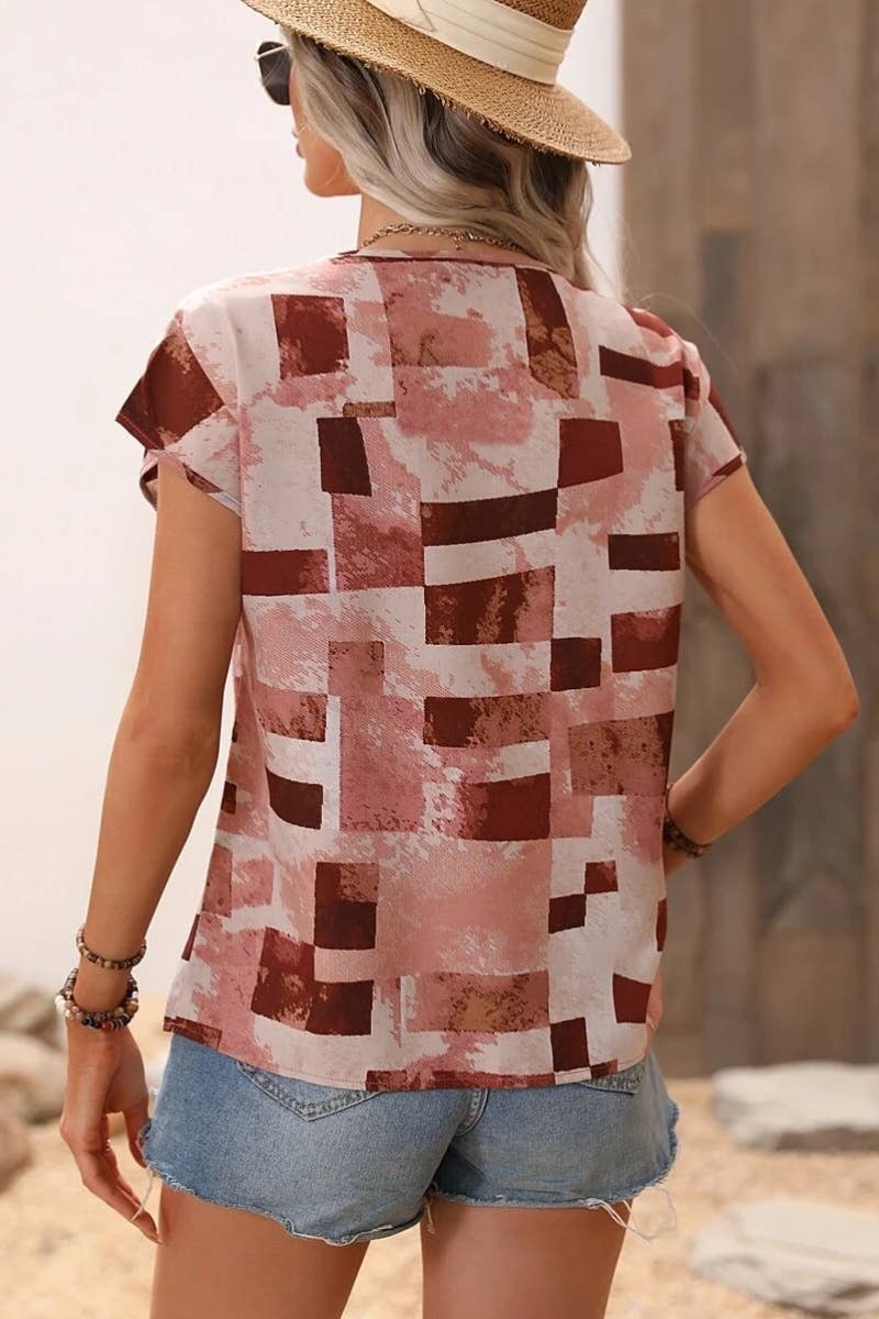 CWTBLS1147_SUMMER GEOMETRIC PATTERN LOOSE SHORT SLEEVE TOP