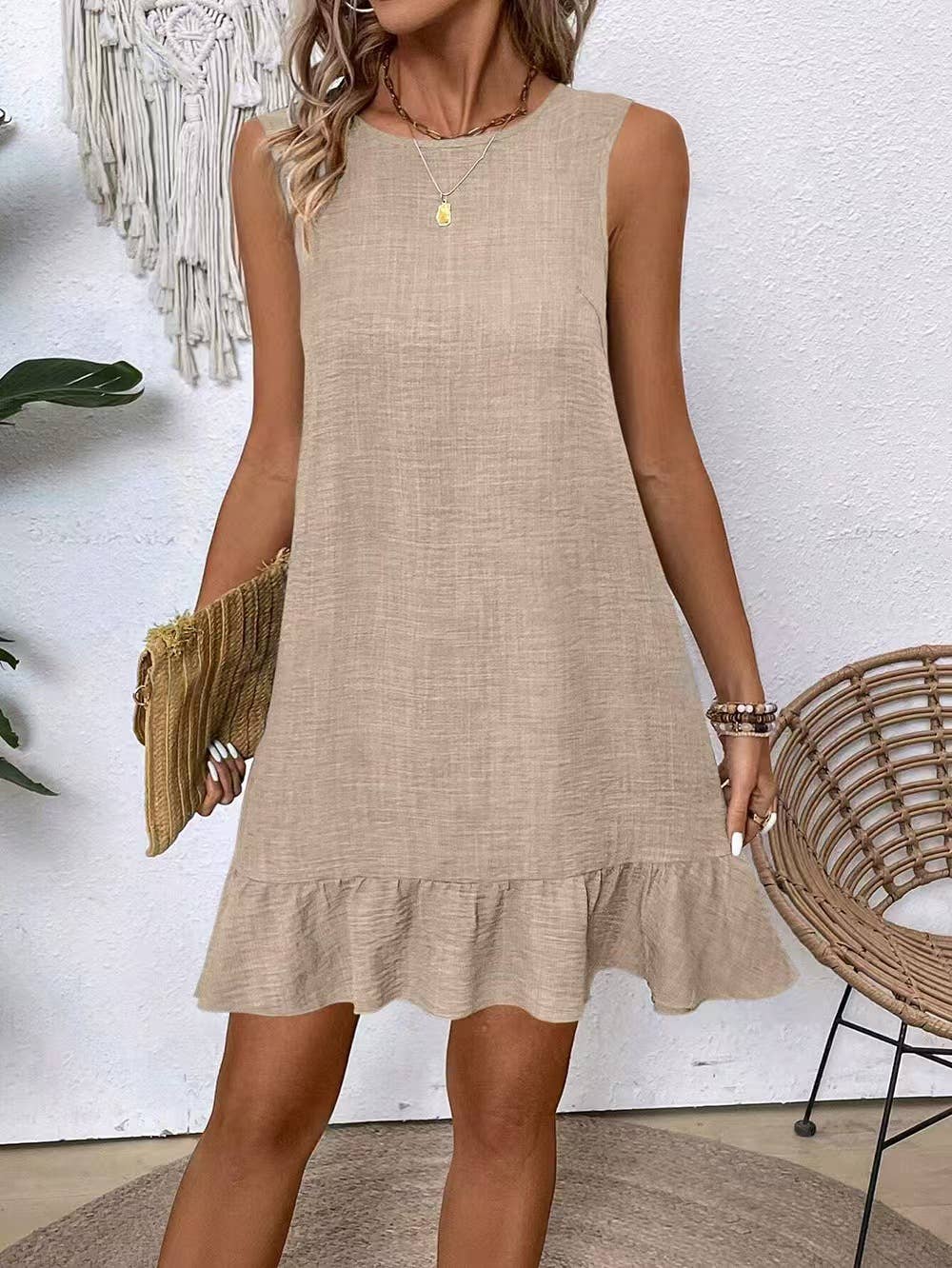Casual tank solid color dress with lace ruffles