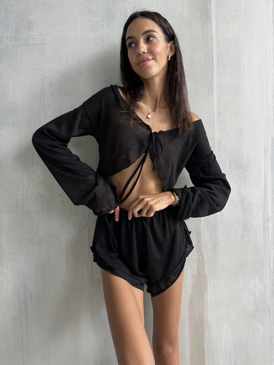 Cardigan lace-up shorts long-sleeved suit
