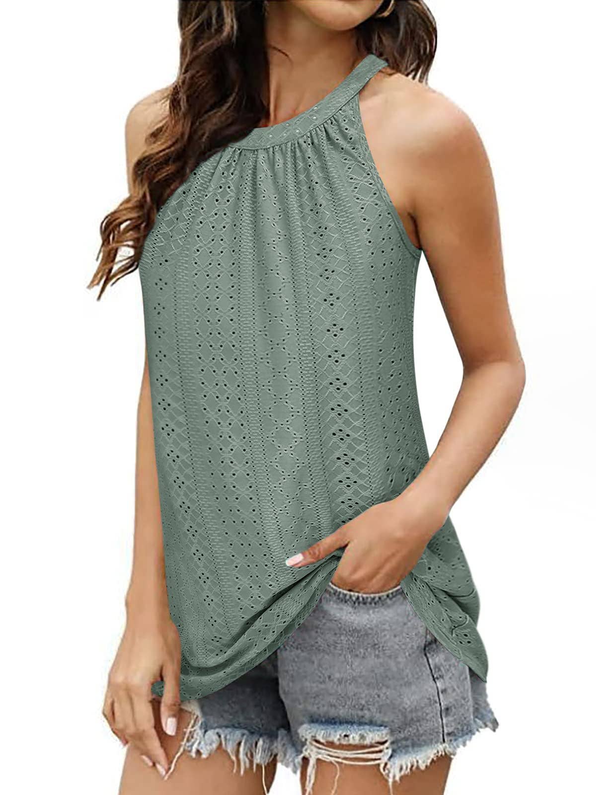 CREW-NECK RUFFLED TANK TOP SLEEVELESS HALTER TEE