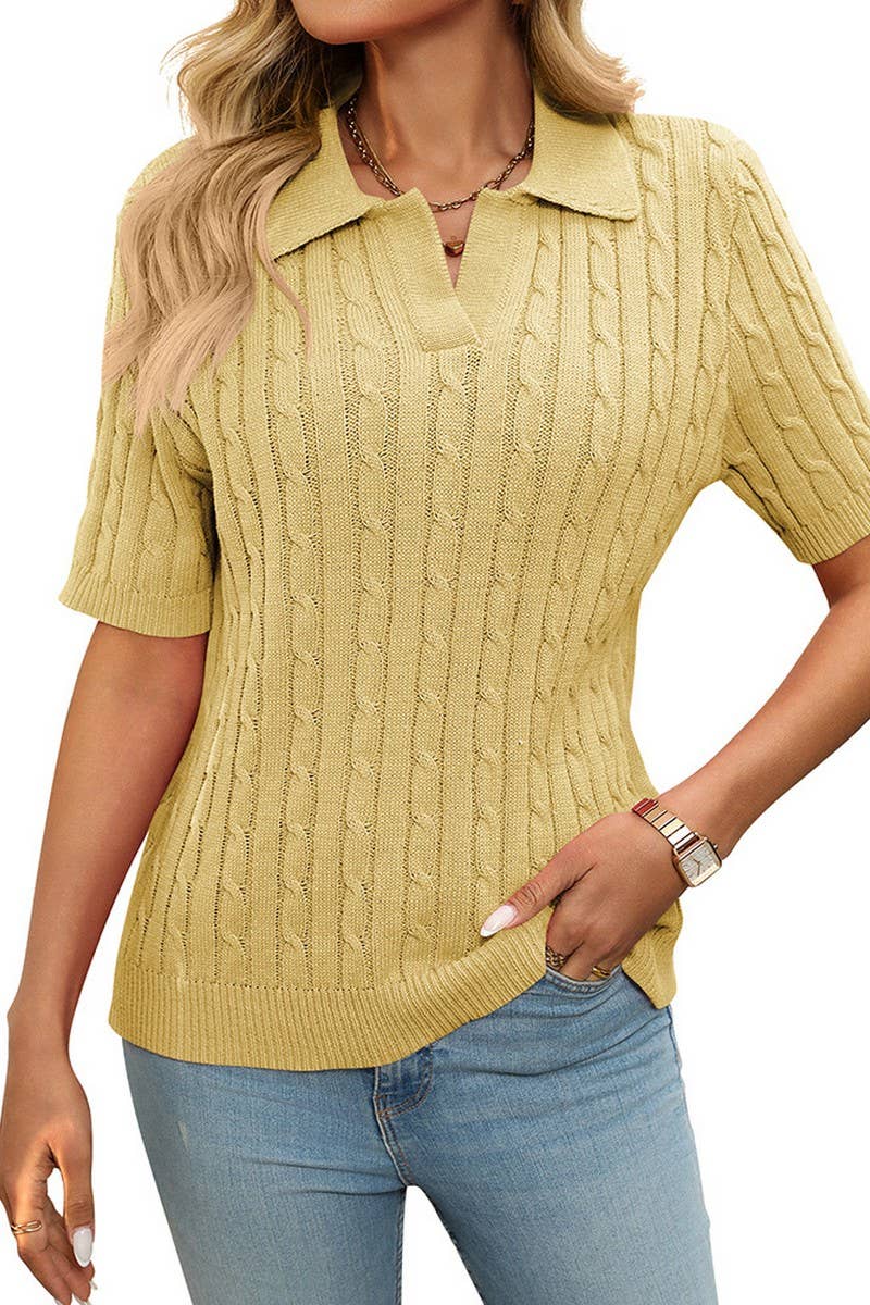 CWOSWS0127_V-NECK LAPEL CABLE-KNIT SHORT-SLEEVED PULLOVER