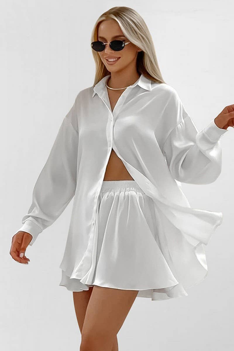 CWSPJ0286_SATIN LONG-SLEEVED SHORTS PAJAMAS TWO-PIECE SET
