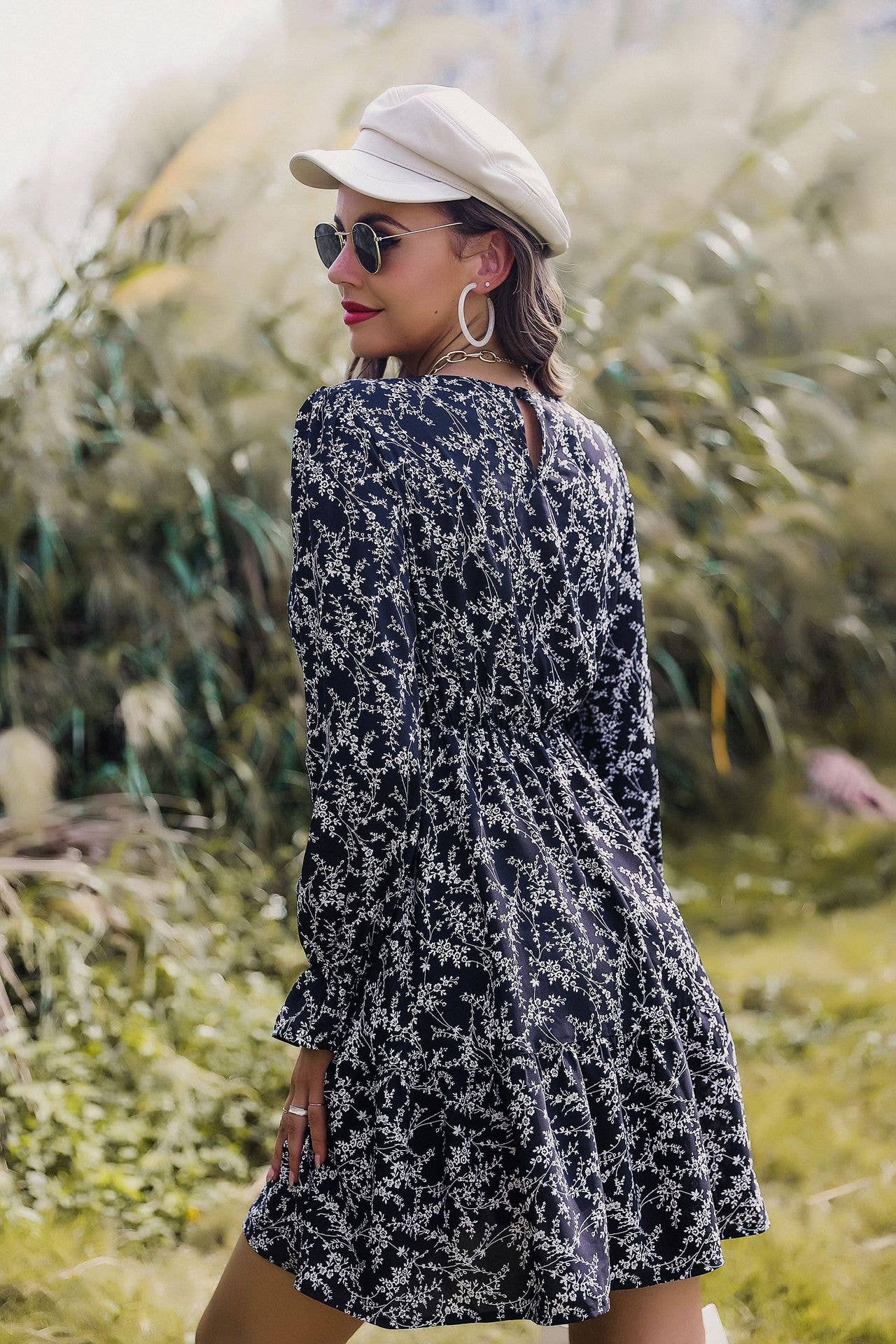 CREW NECK LONG SLEEVE PRINTED WAIST DRESS