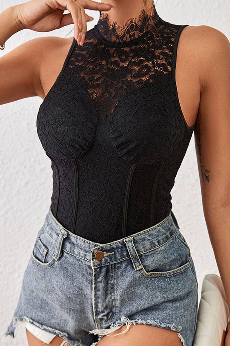 CWSBSSL0156_BLACK LACE PANEL ONE-PIECE BODYSUIT