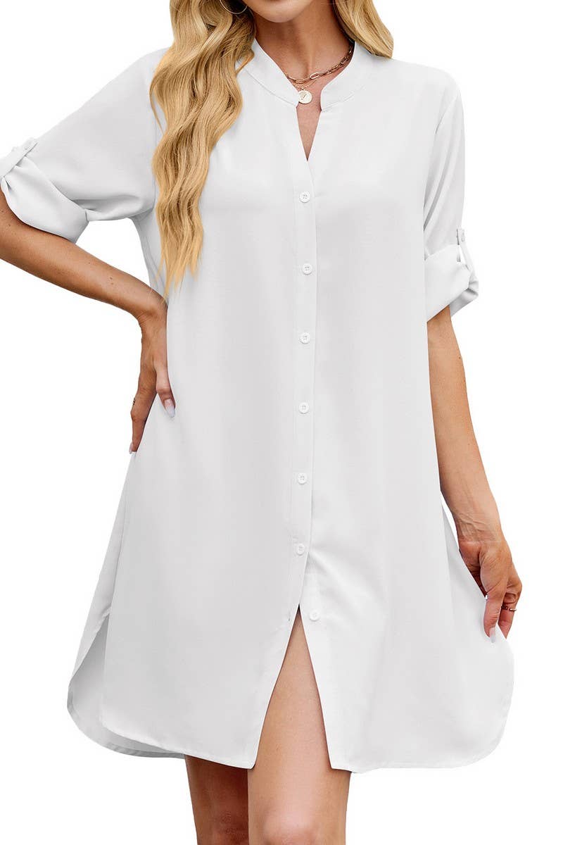 CWTDSS0073_SOLID LOOSE FIT MID SLEEVE BUTTON SHIRT DRESS