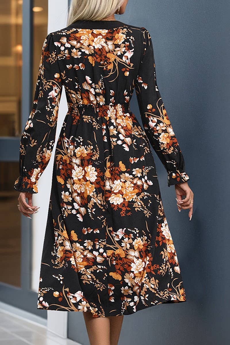 CWDMD3568_V-NECK PRINTED LONG-SLEEVED MIDI DRESS