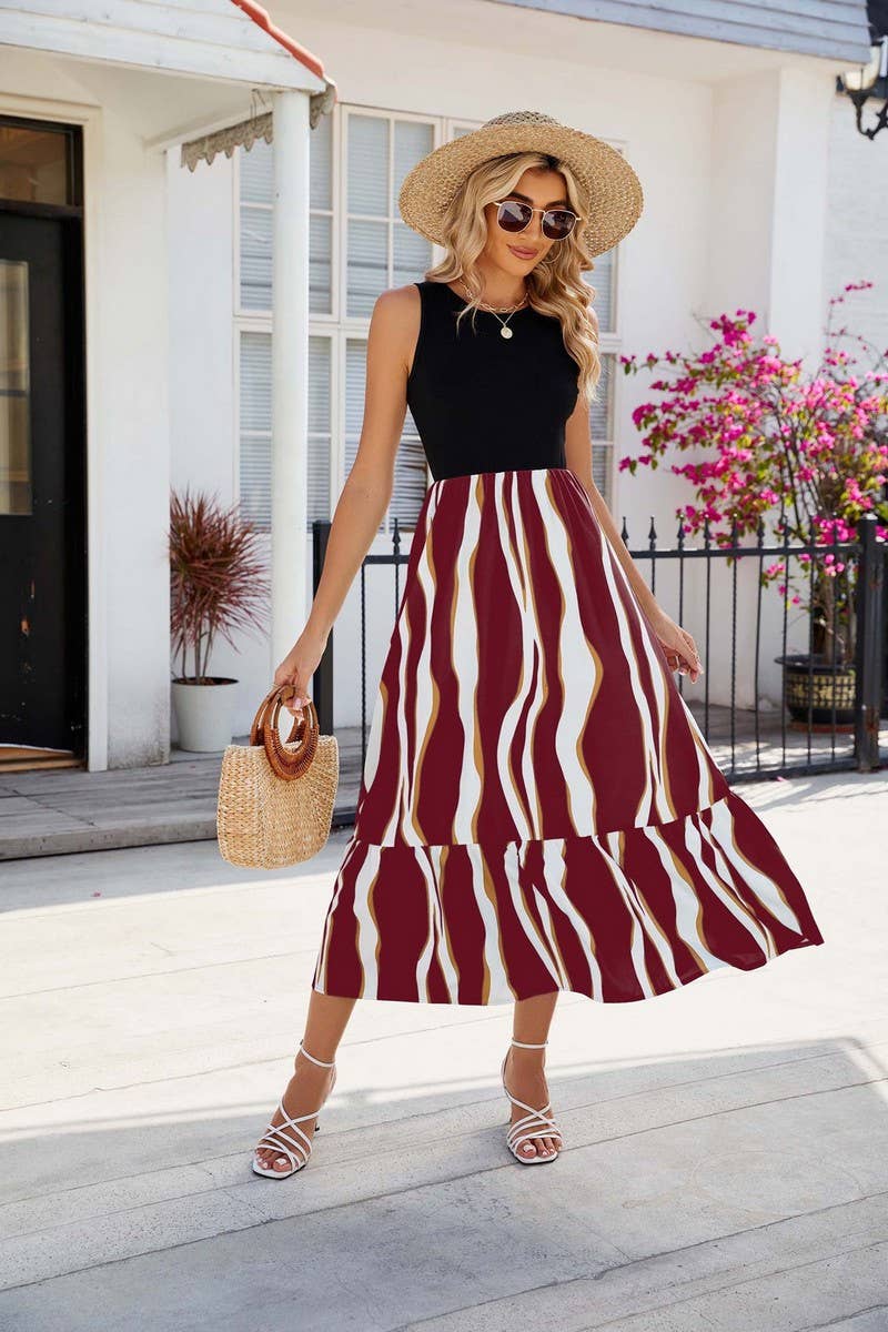 CWDMD1393_Round Neck Sleeveless Contrast Dress