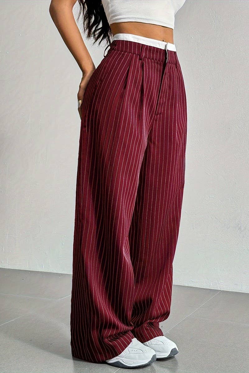 CWBLP1116_HIGH-WAISTED STRIPED LOOSE STRAIGHT-LEG TROUSERS