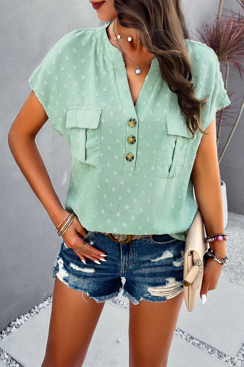 CWTBLS0387_V-Neck Button Detailed Short Sleeve Top