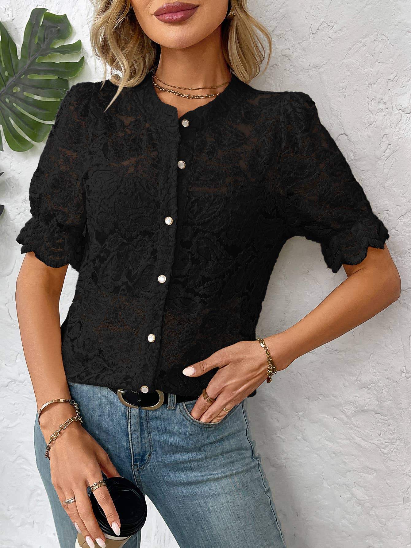 Lace short-sleeve hollow solid color casual shirt