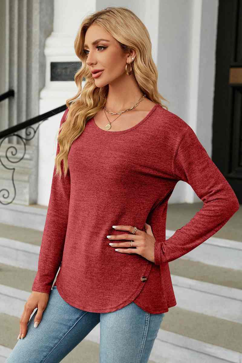 CWTBLL2839_BIG CREW-NECK LONG SLEEVE SPLIT BUTTON TOP