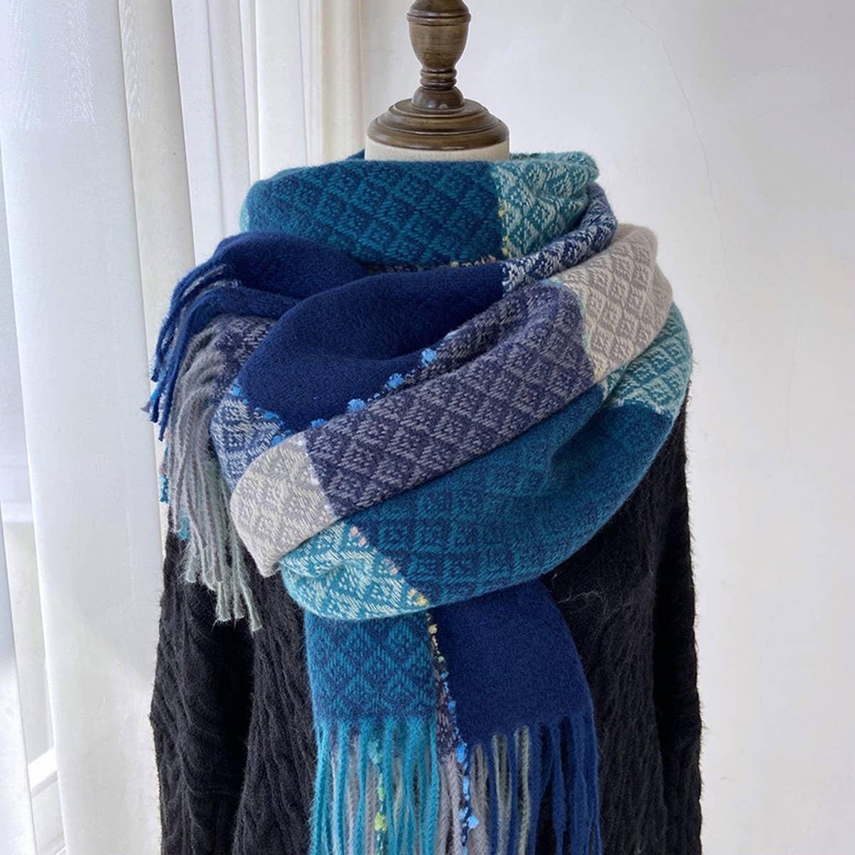 Plaid Faux Cashmere Scarf - Winter Tassel Wrap_CWASC1466