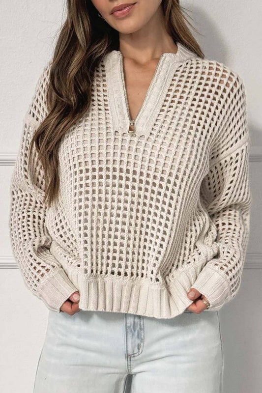 CWOSWL6869_TRENDY ZIP HALF COLLAR HOLLOW OUT KNIT SWEATER