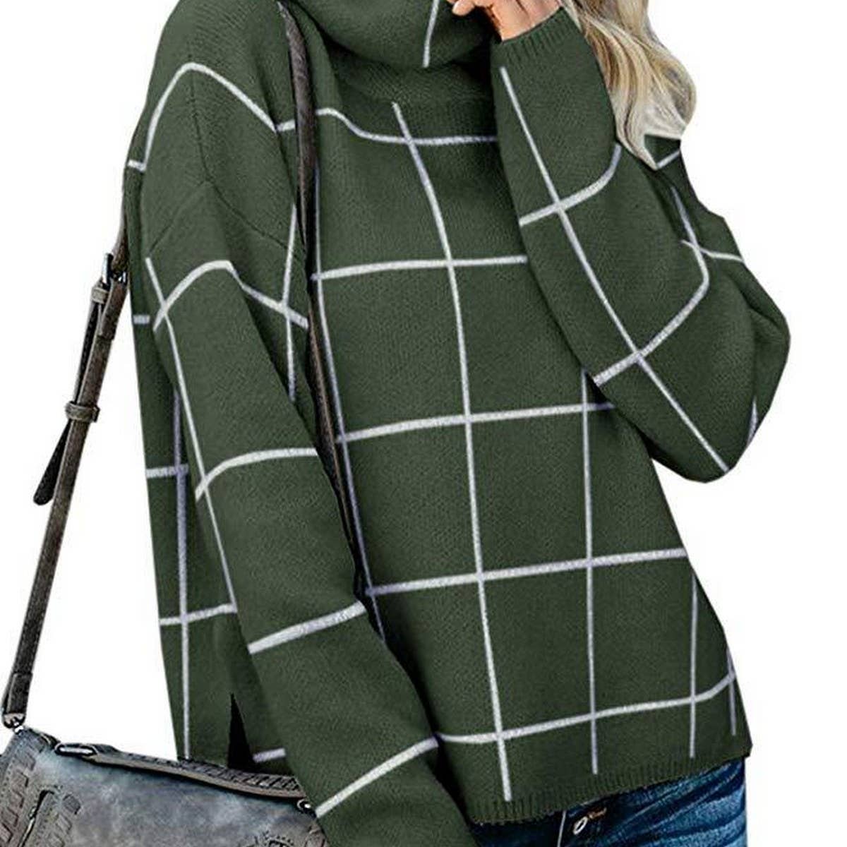 Check knit turtleneck sweater