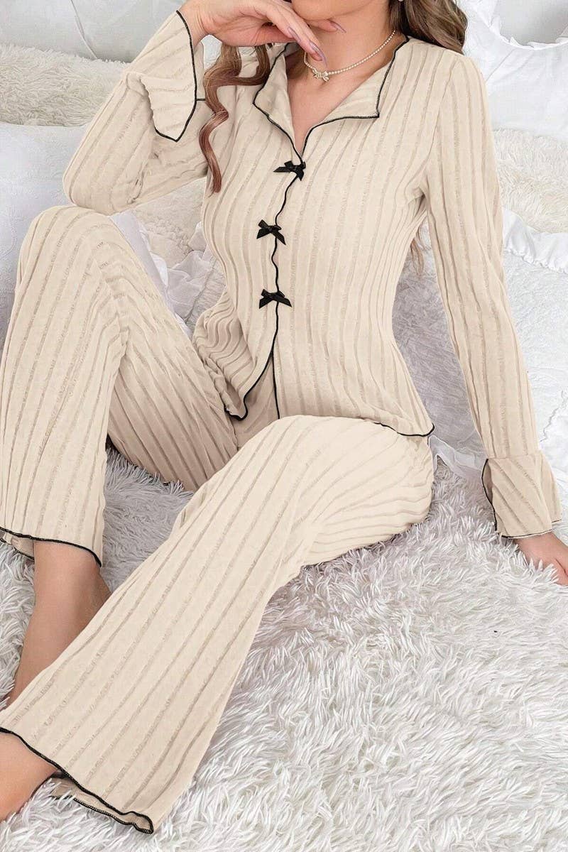 CWSPJ00491_BOW TIE COLLAR LONG SLEEVE TOP AND PANTS SET