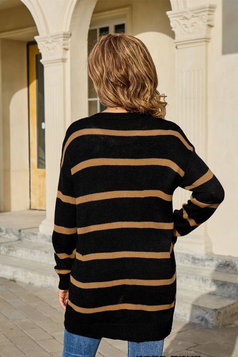 CWOCAL00803_BUTTON STRIPE LOOSE KNIT CARDIGAN JACKET