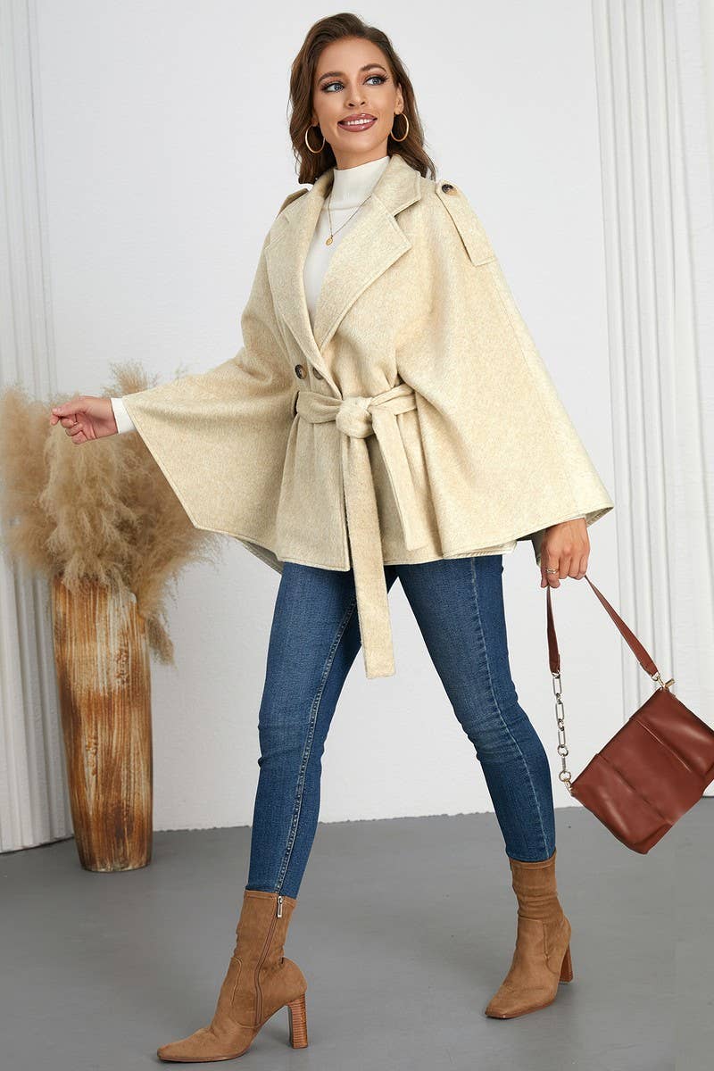 CWOCO0941_SOLID COLOR BELTED LAPEL CAPE TWEED COAT