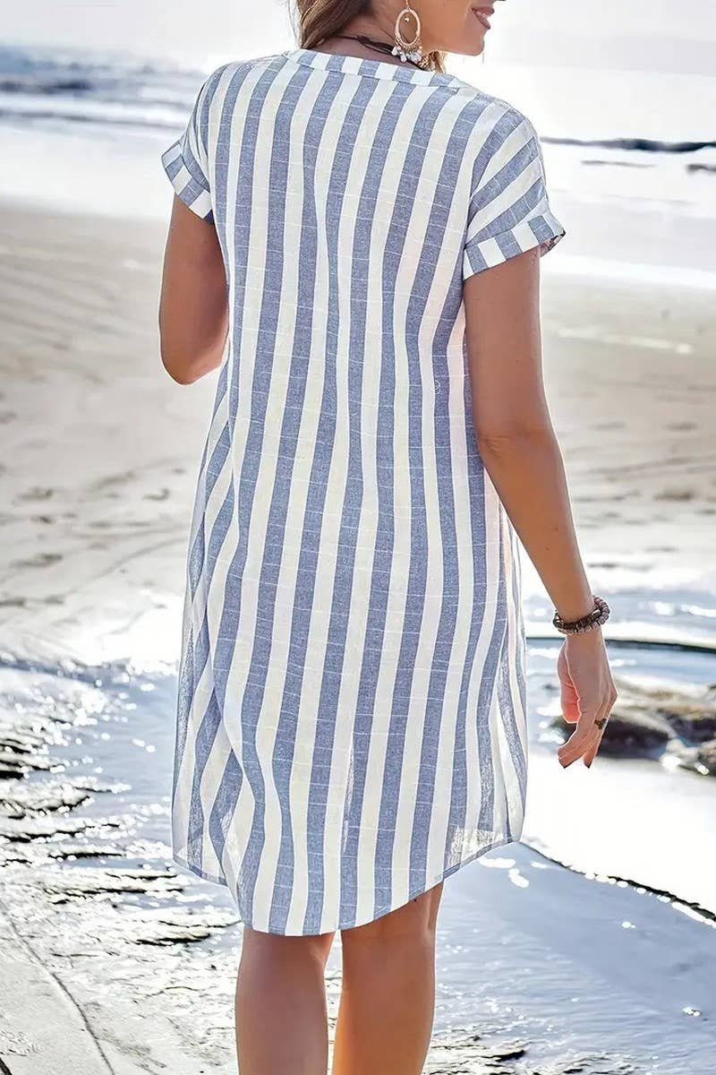 CWDMD5586_ELEGANT WOMEN'S STRIPED V NECK MIDI DRESS