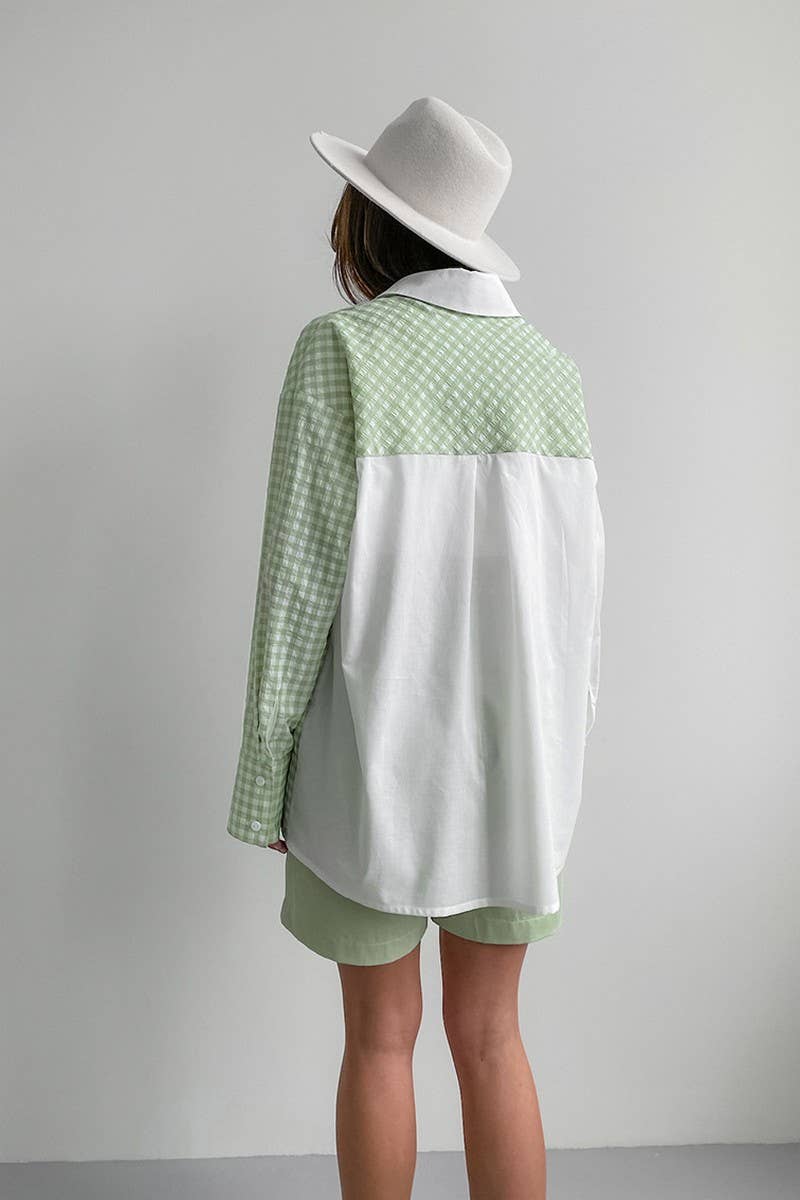 CWTBLL00614_DESIGNED PATCHWORK LONG-SLEEVED PLAID SHIRT